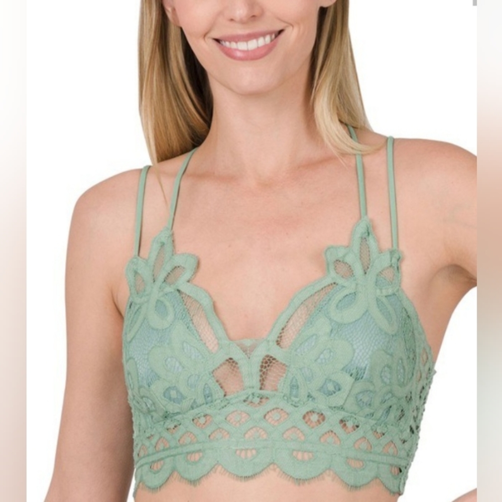Zenana Dusty Green Crochet Lace Bralette with Cross Back Straps Size XL